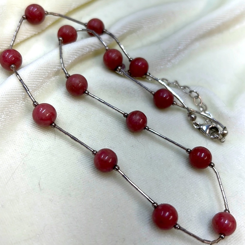 Shube Dakota West pink rhodonite and sterling tin cup necklace. Vntg. Pre owned